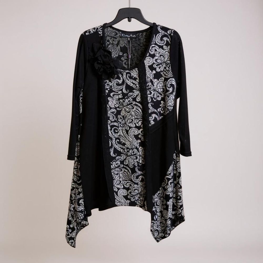 Pretty Angel Linen Blend Tunic‎ Dress Black White Floral Handkerchief Hem Sz M
